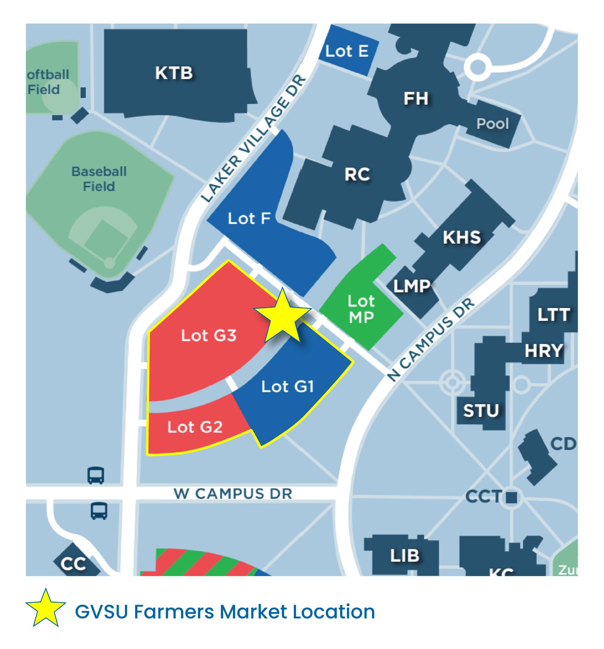 GVSU Farmers Market Location map, showing a star on parking lot G3